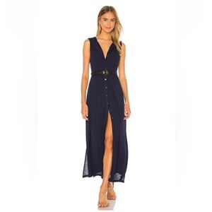 Callahan Blue and Gold V-Neck Maxi Dress with Slit